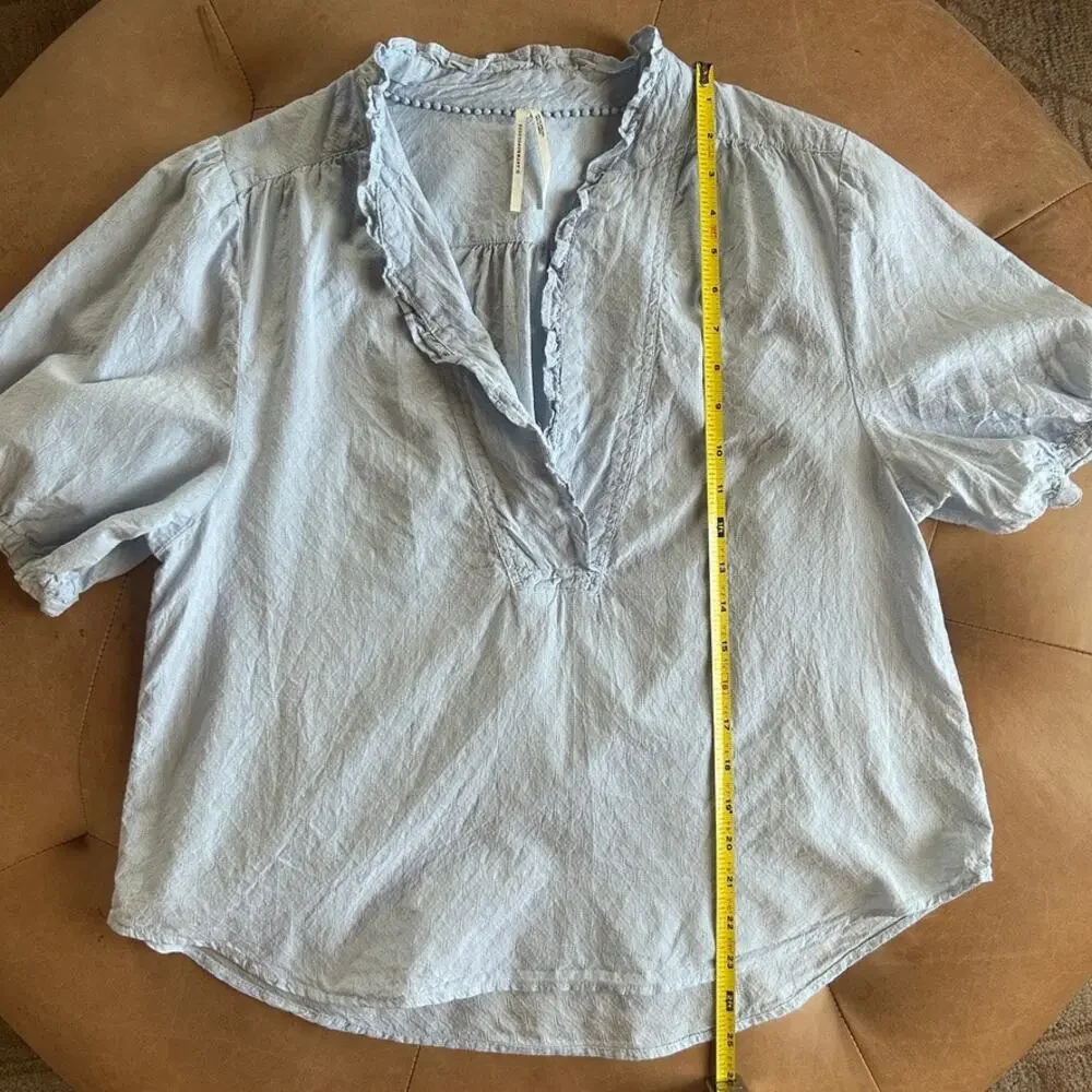 Anthro Anthropologie Cotton Peasant Blouse Puff Sleeve Ruffle Cottagecore Blue M